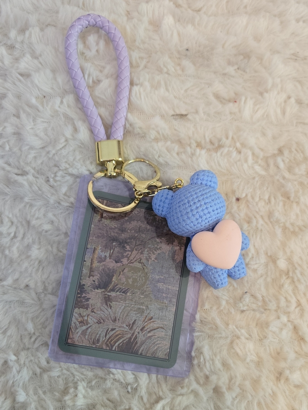Lavender Bear Keychain Card Holder with Heart Charm